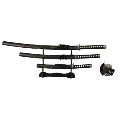 set de 3 catanas negro con stand